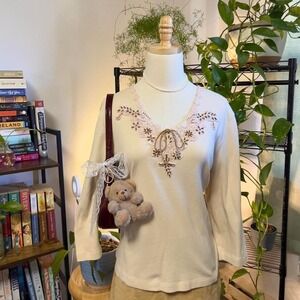 Vintage Y2K Cream Beaded Boho Top Size Large V-Neck Cottage Festival Fairy